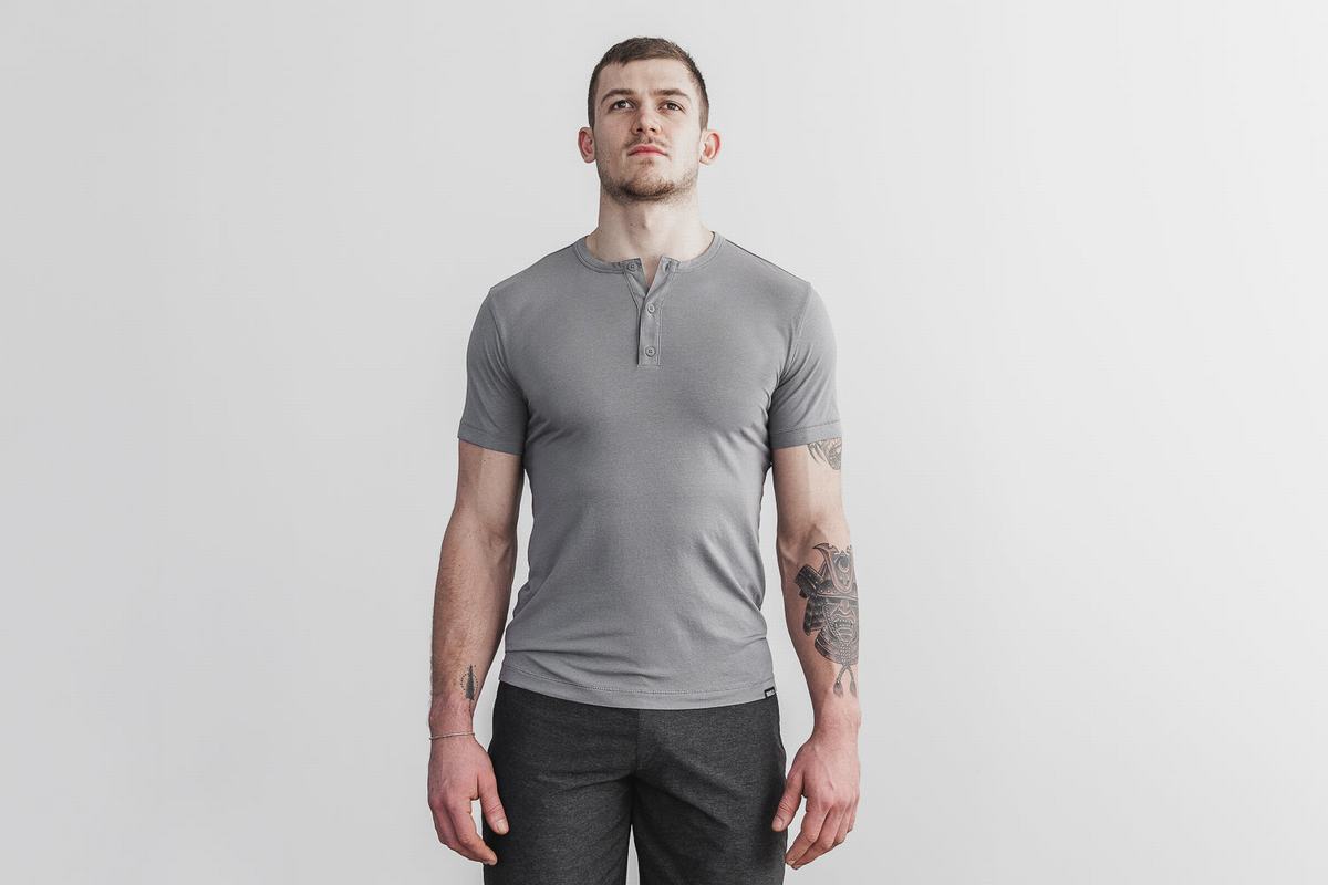 Nobull Lightweight Henley Men\'s T Shirts Dark Grey | Australia (TF1267)